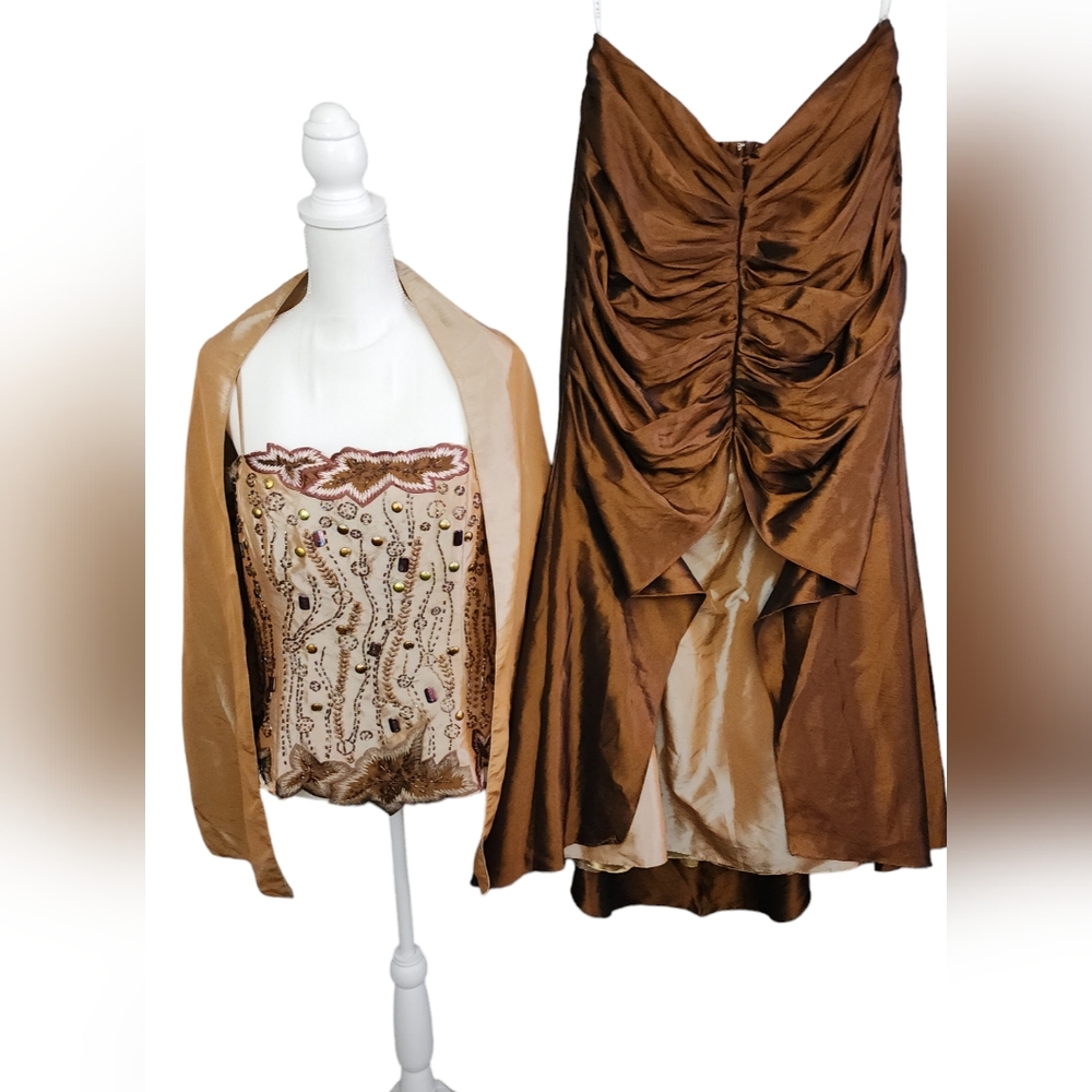 FIESTA 3pc Top Skirt Shawl Sari Style Formal Wedding Evening Set. Brown. Size:2X